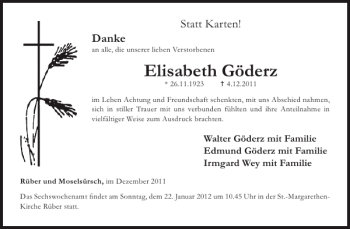Traueranzeige von Elisabeth Göderz von WochenSpiegel