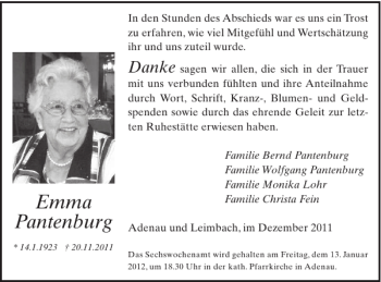 Traueranzeige von Emma Pantenburg von WochenSpiegel
