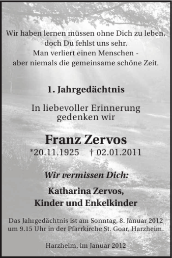 Traueranzeige von Franz Zervos von WochenSpiegel