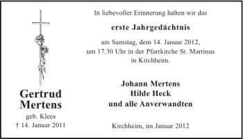 Traueranzeige von Gertrud Mertens von WochenSpiegel