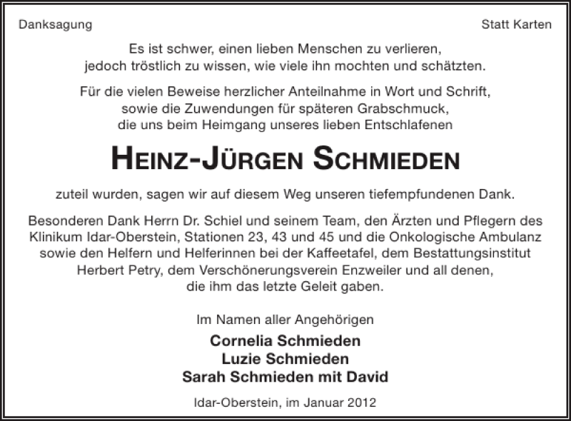  Traueranzeige für HEINZ-JÜRGEN SCHMIEDEN vom 18.01.2012 aus WochenSpiegel