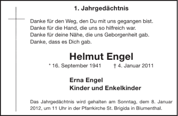Traueranzeige von Helmut Engel von WochenSpiegel