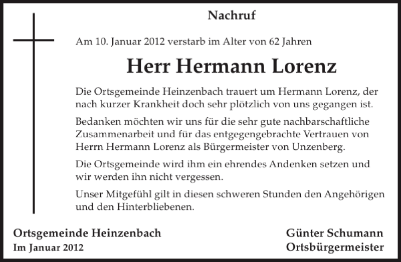  Traueranzeige für Hermann Lorenz vom 18.01.2012 aus WochenSpiegel