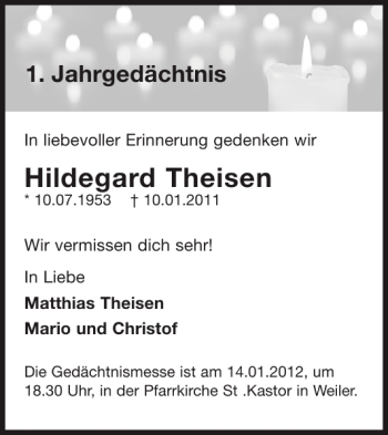 Traueranzeige von Hildegard Theisen von WochenSpiegel