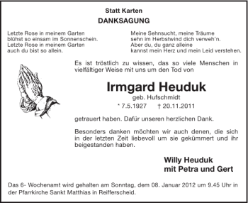 Traueranzeige von Irmgard Heuduk von WochenSpiegel