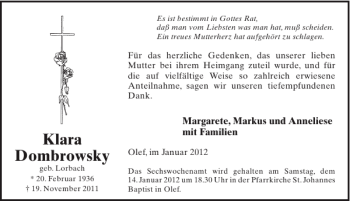 Traueranzeige von Klara Dombrowsky von WochenSpiegel