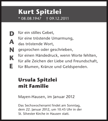 Traueranzeige von Kurt Spitzlei von WochenSpiegel