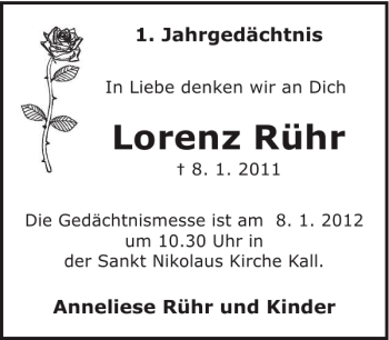 Traueranzeige von Lorenz Rühr von WochenSpiegel