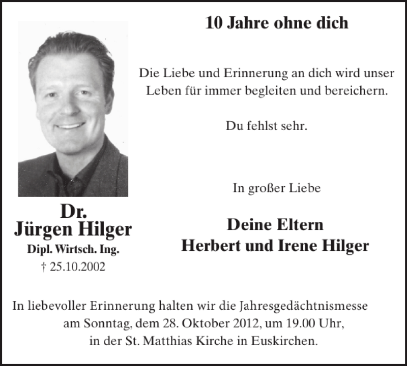  Traueranzeige für Dr. Jürgen Hilger vom 24.10.2012 aus WochenSpiegel