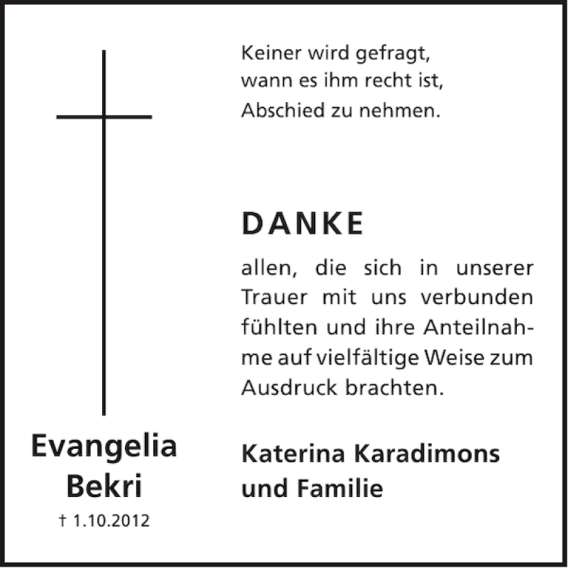  Traueranzeige für Evangelia Bekri vom 17.10.2012 aus WochenSpiegel