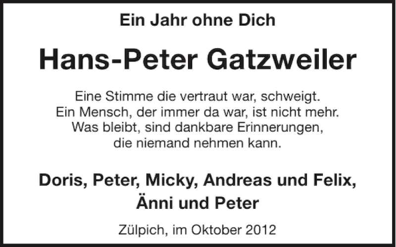  Traueranzeige für Hans-Peter Gatzweiler vom 10.10.2012 aus WochenSpiegel