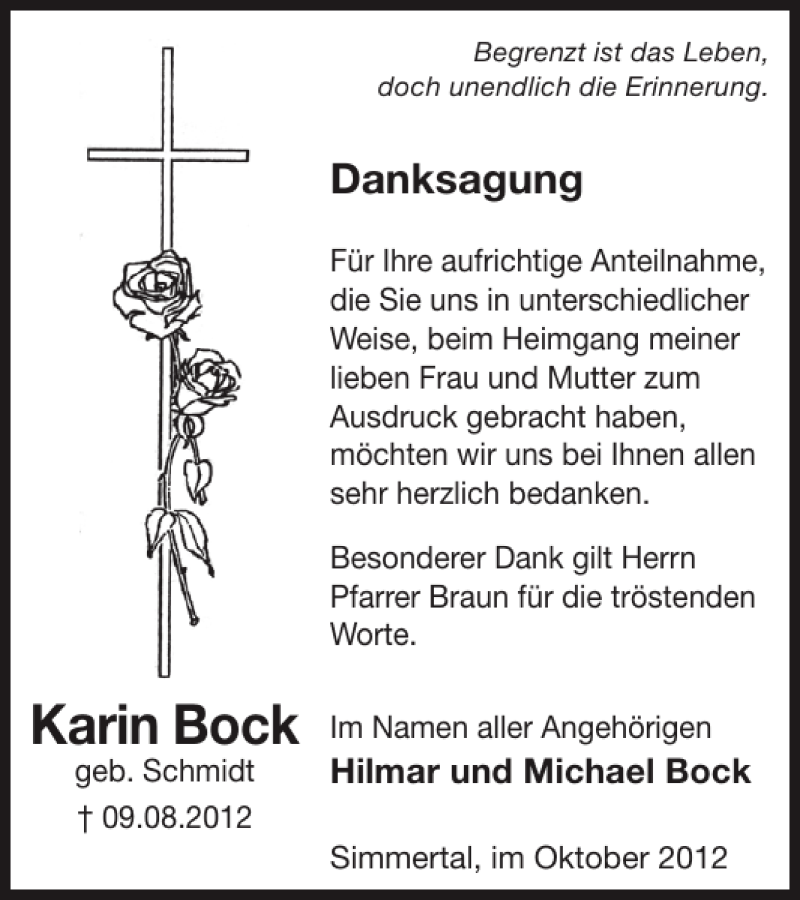  Traueranzeige für Karin Bock vom 17.10.2012 aus WochenSpiegel