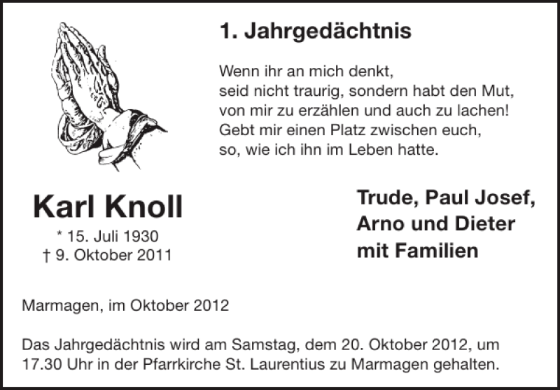  Traueranzeige für Karl Knoll vom 10.10.2012 aus WochenSpiegel