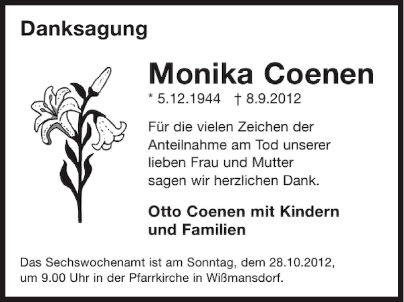  Traueranzeige für Monika Coenen vom 24.10.2012 aus WochenSpiegel