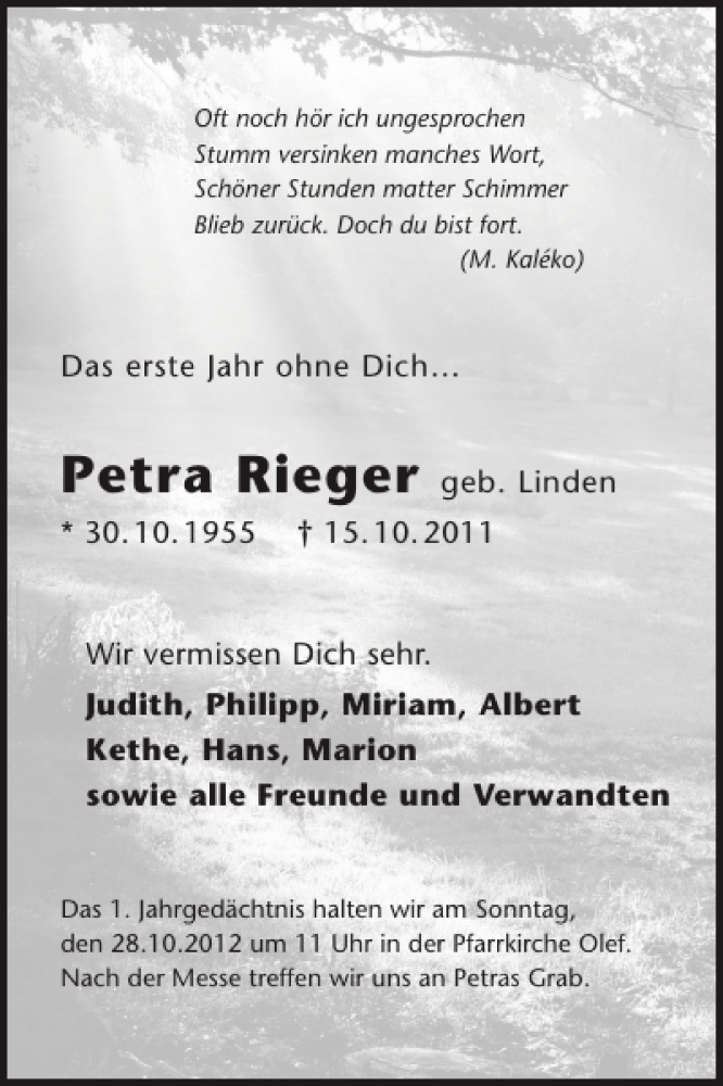  Traueranzeige für Petra Rieger vom 24.10.2012 aus WochenSpiegel