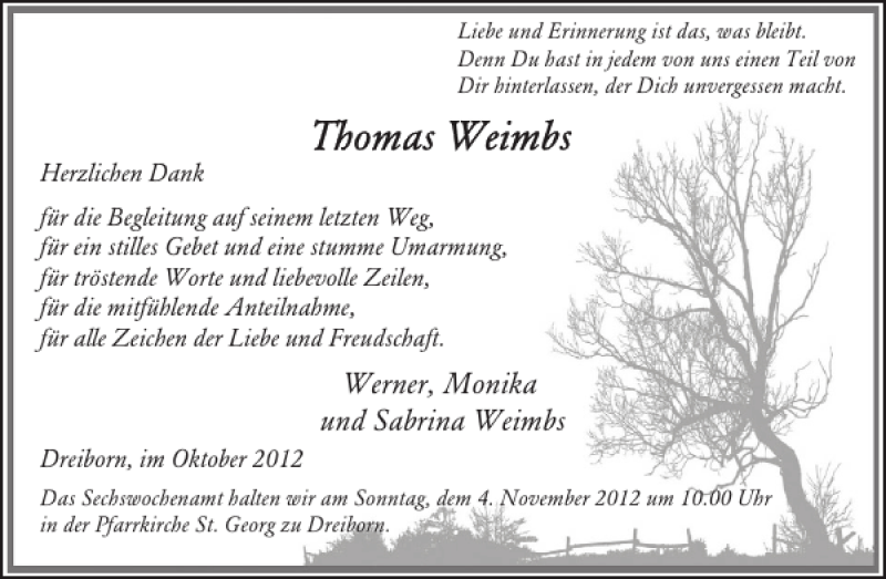  Traueranzeige für Werner Monika und Sabrina Weimbs vom 24.10.2012 aus WochenSpiegel