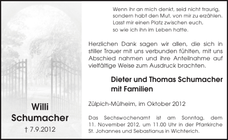  Traueranzeige für Willi Schumacher vom 31.10.2012 aus WochenSpiegel
