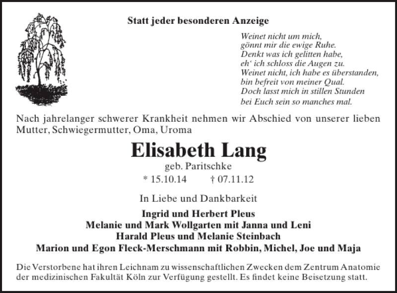  Traueranzeige für Elisabeth Lang vom 14.11.2012 aus WochenSpiegel