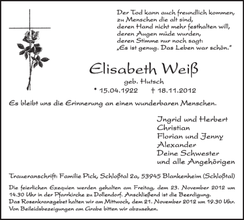  Traueranzeige für Elisabeth Weiß vom 21.11.2012 aus WochenSpiegel