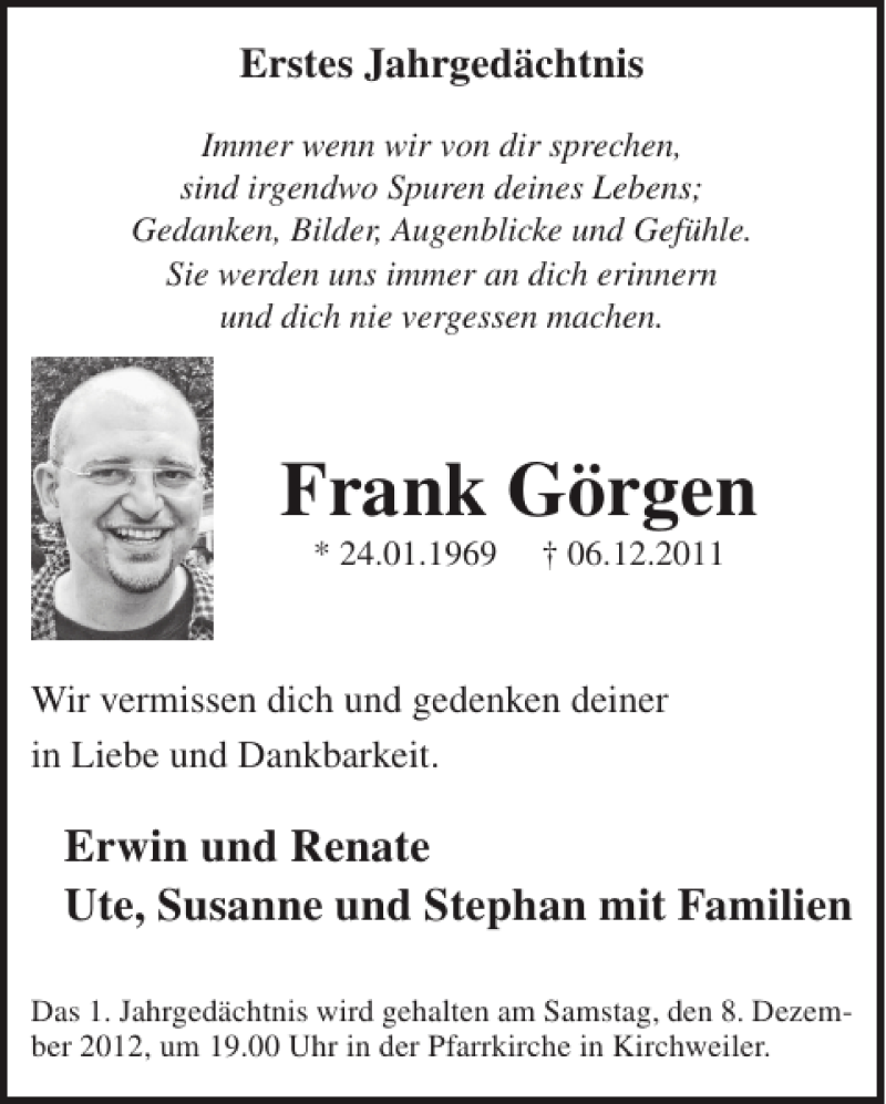  Traueranzeige für Frank Görgen vom 28.11.2012 aus WochenSpiegel