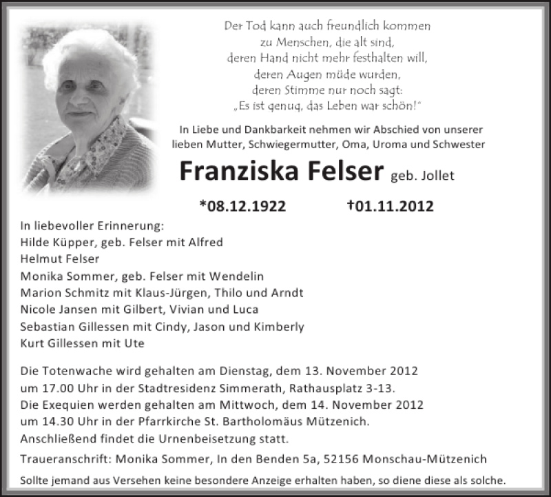  Traueranzeige für Franziska Felser vom 07.11.2012 aus WochenSpiegel