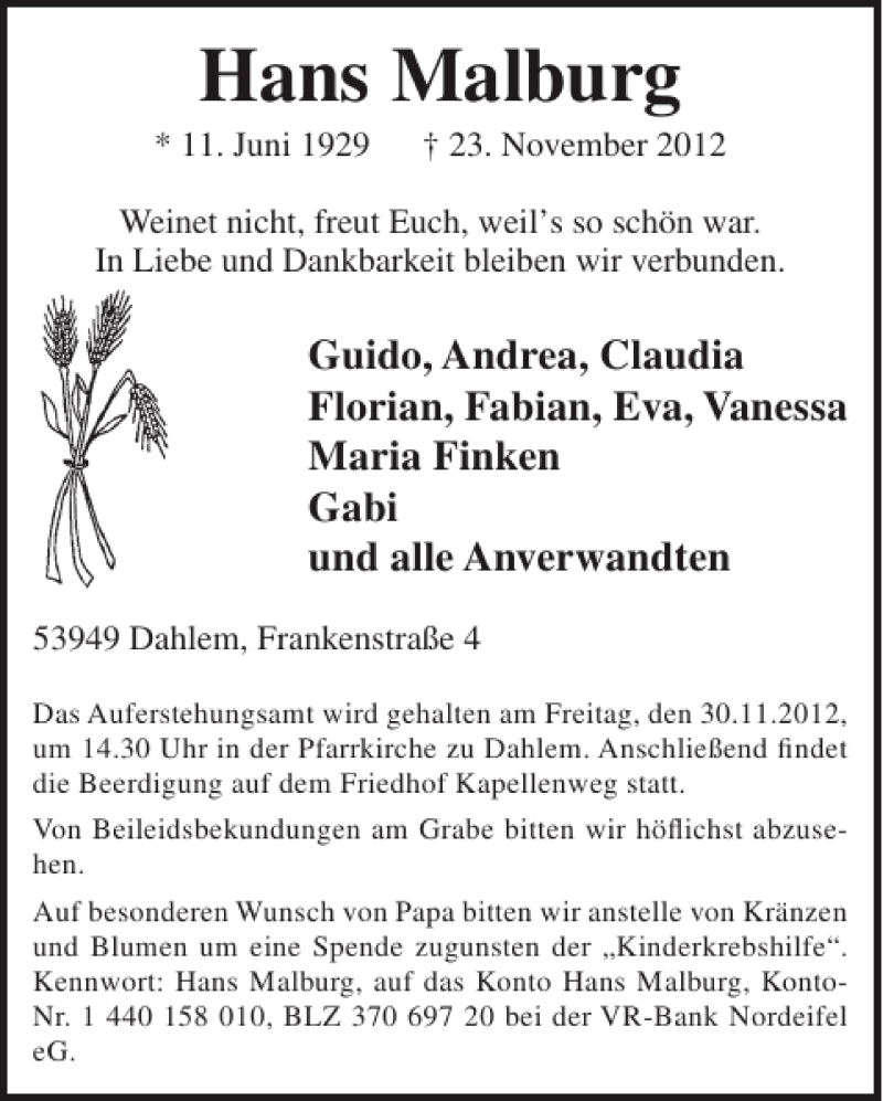  Traueranzeige für Hans Malburg vom 28.11.2012 aus WochenSpiegel