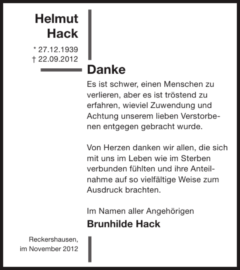  Traueranzeige für Helmut Hack vom 07.11.2012 aus WochenSpiegel