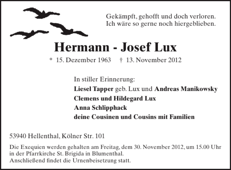  Traueranzeige für Hermann-Josef Lux vom 28.11.2012 aus WochenSpiegel