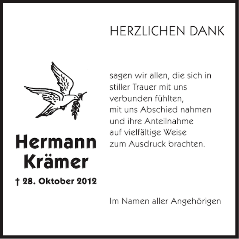  Traueranzeige für Hermann Krämer vom 28.11.2012 aus WochenSpiegel