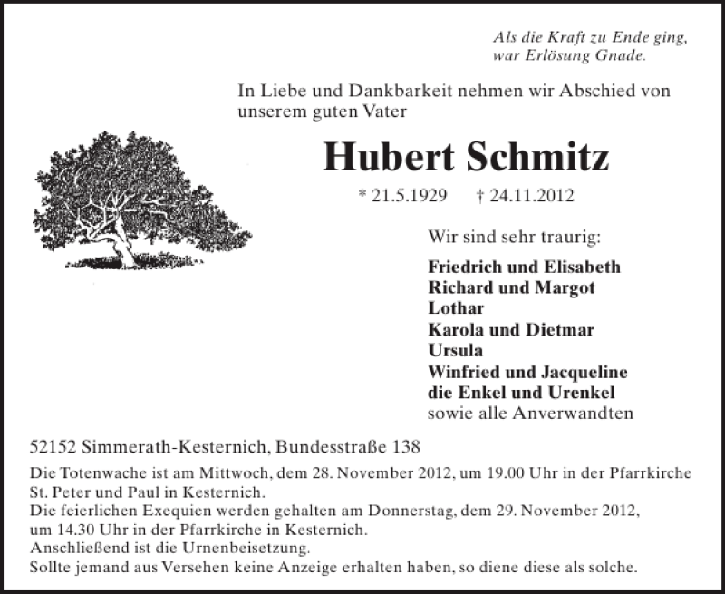  Traueranzeige für Hubert Schmitz vom 28.11.2012 aus WochenSpiegel