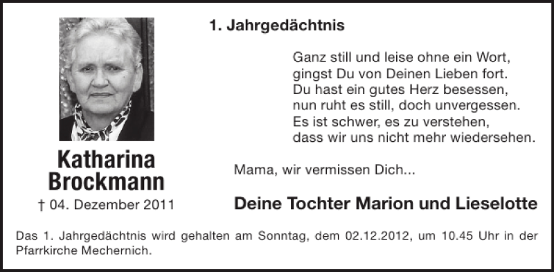  Traueranzeige für Katharina Brockmann vom 28.11.2012 aus WochenSpiegel