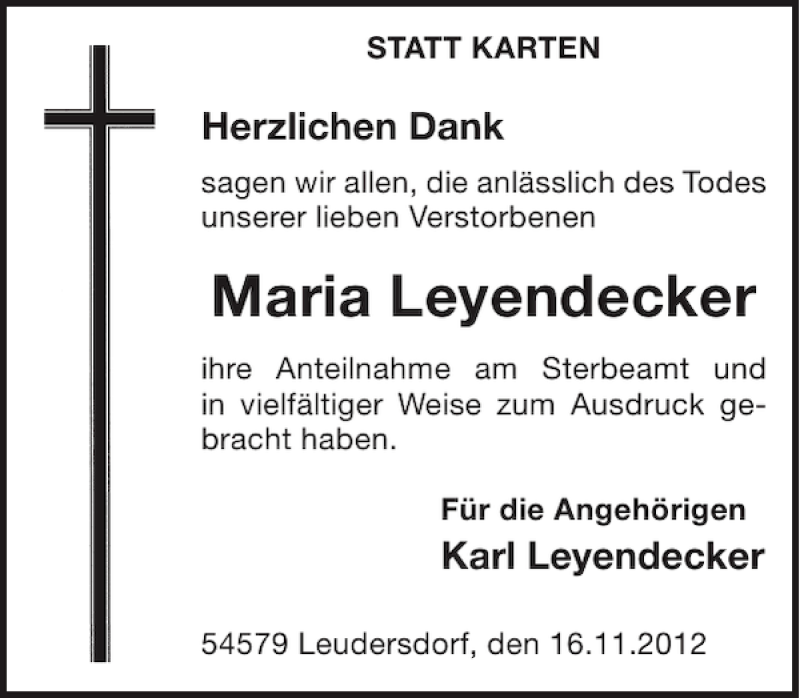  Traueranzeige für Maria Leyendecker vom 21.11.2012 aus WochenSpiegel