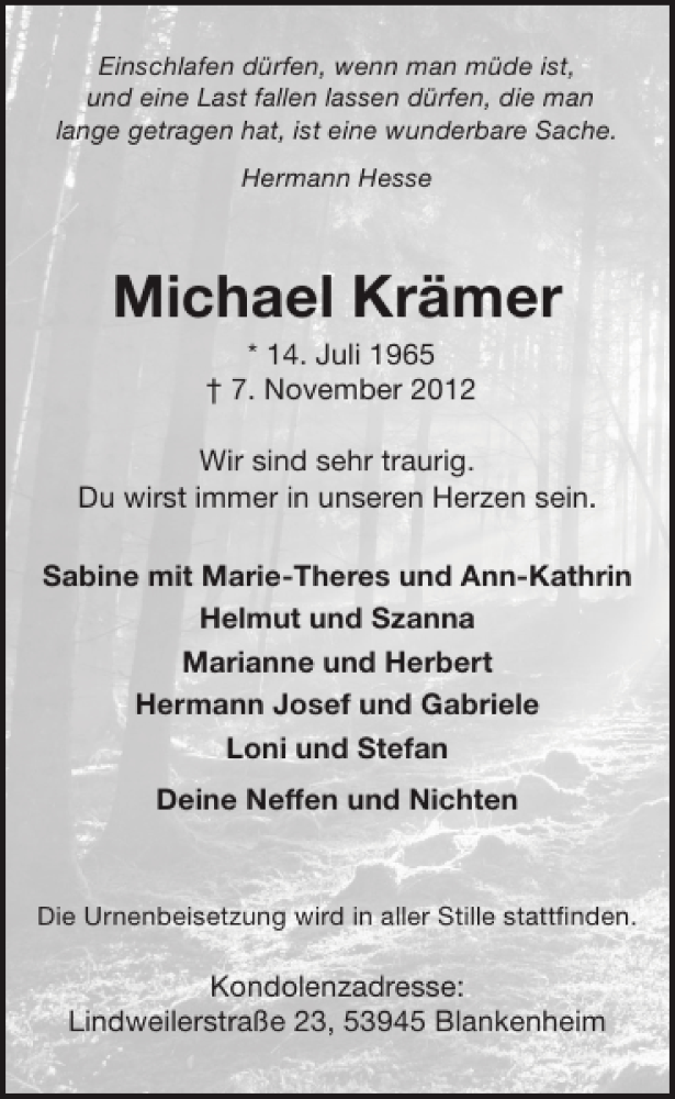  Traueranzeige für Michael Krämer vom 14.11.2012 aus WochenSpiegel