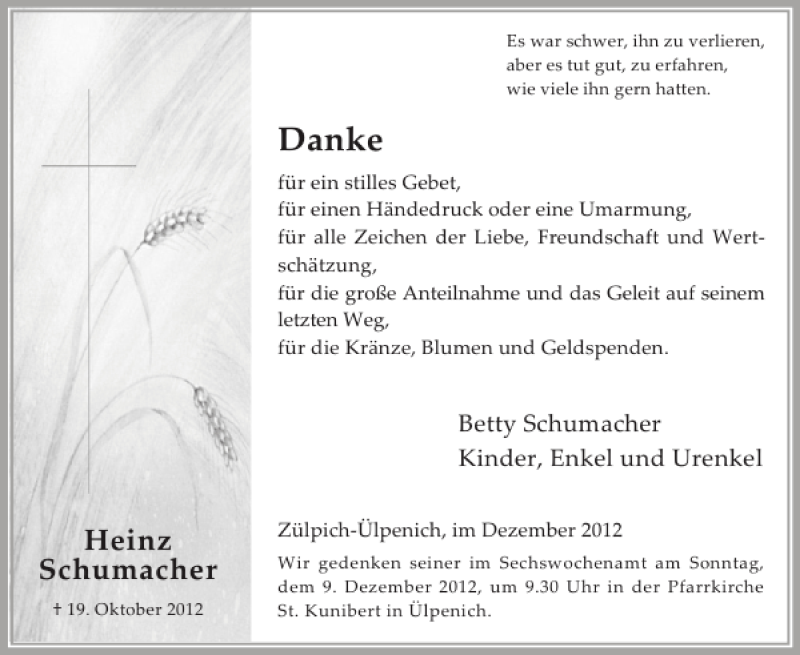  Traueranzeige für Heinz Schumacher vom 05.12.2012 aus WochenSpiegel