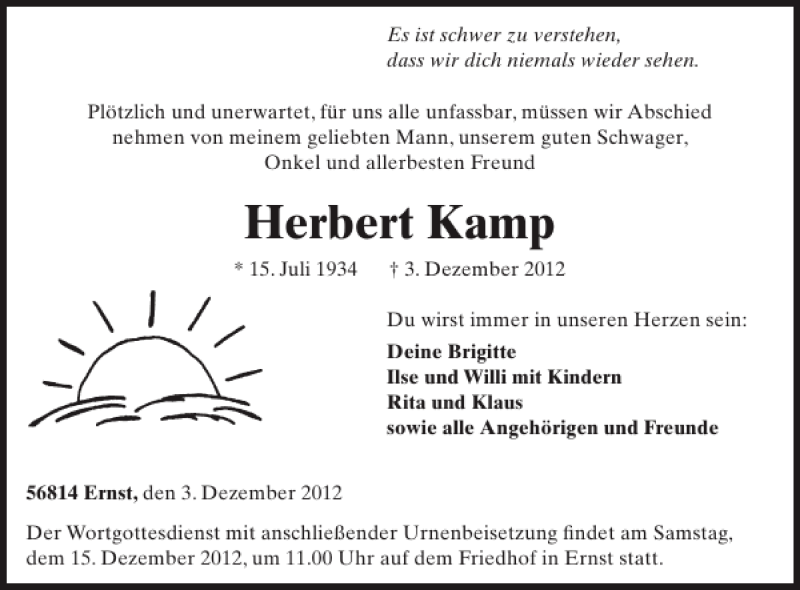  Traueranzeige für Herbert Kamp vom 12.12.2012 aus WochenSpiegel