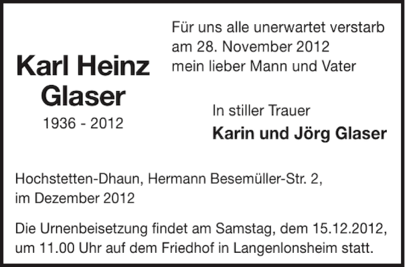  Traueranzeige für Karl Heinz Glaser vom 12.12.2012 aus WochenSpiegel