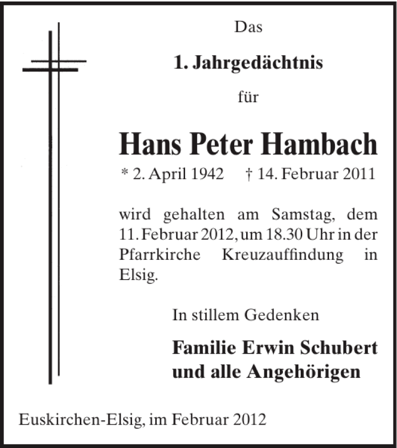  Traueranzeige für Hans Peter Hambach vom 01.02.2012 aus WochenSpiegel