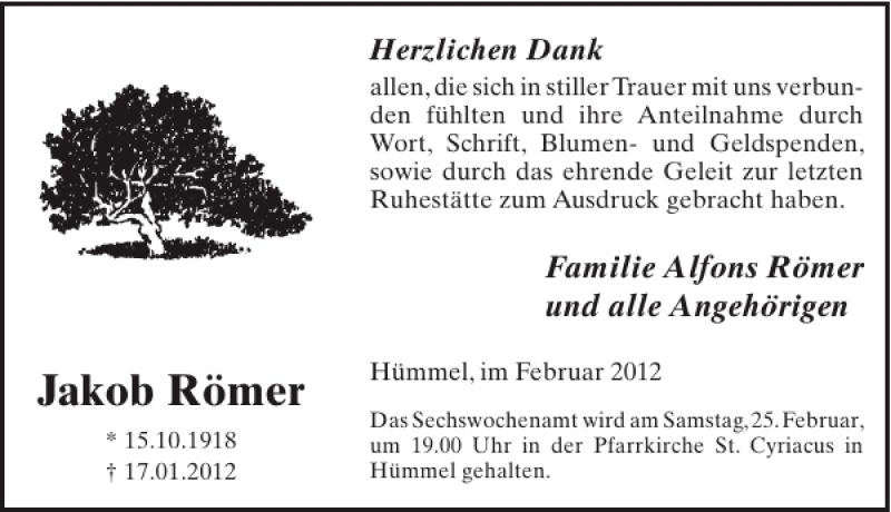  Traueranzeige für Jakob Römer vom 15.02.2012 aus WochenSpiegel