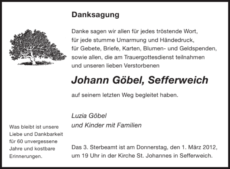  Traueranzeige für Johann Göbel Sefferweich vom 29.02.2012 aus WochenSpiegel