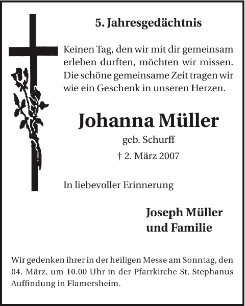  Traueranzeige für Johanna Müller vom 29.02.2012 aus WochenSpiegel