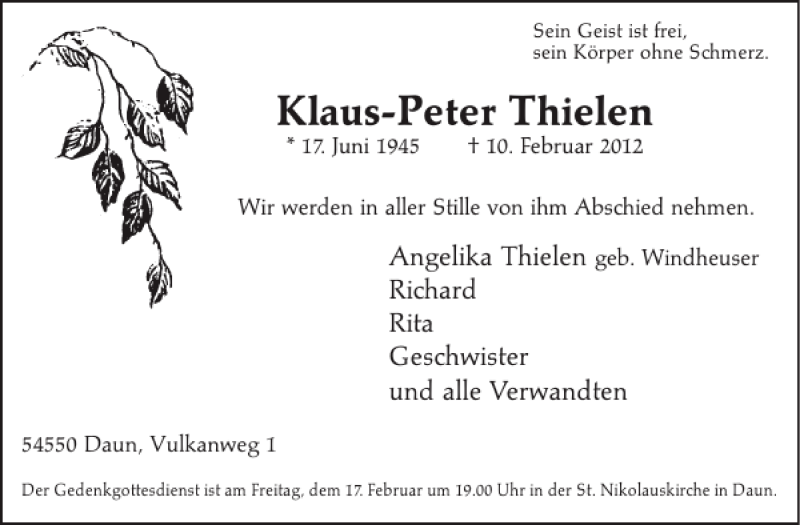  Traueranzeige für Klaus-Peter Thielen vom 15.02.2012 aus WochenSpiegel