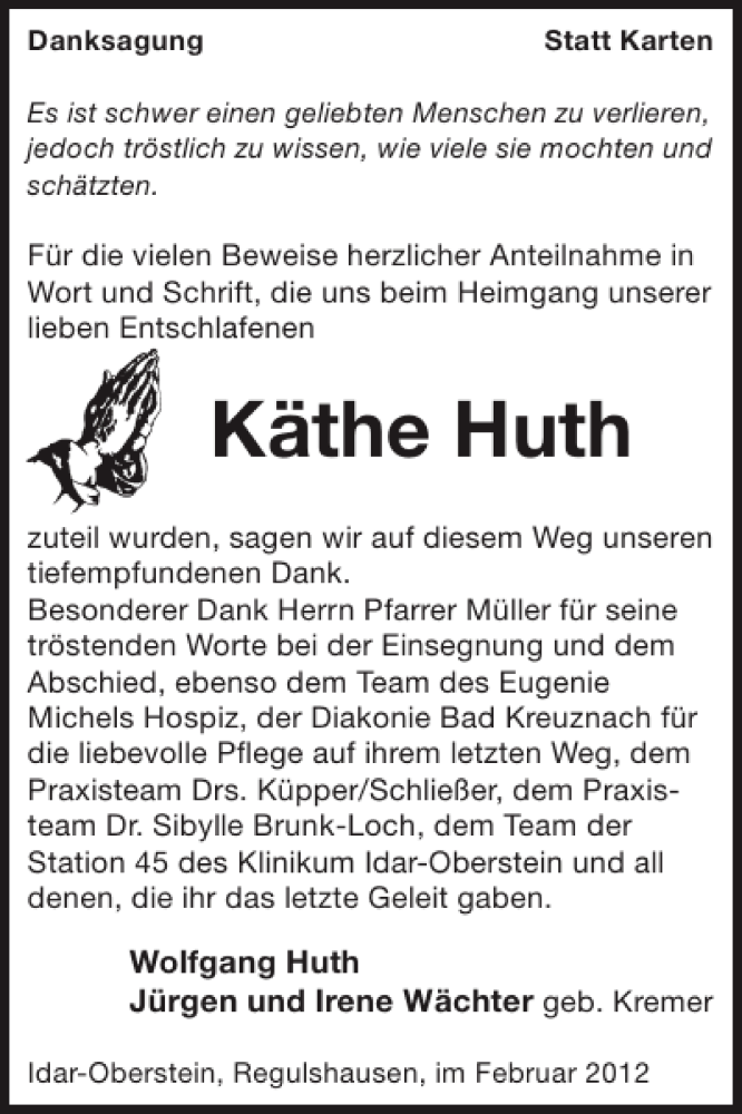  Traueranzeige für Käthe Huth vom 15.02.2012 aus WochenSpiegel