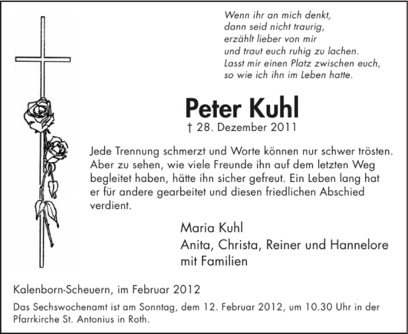  Traueranzeige für Peter Kuhl vom 08.02.2012 aus WochenSpiegel