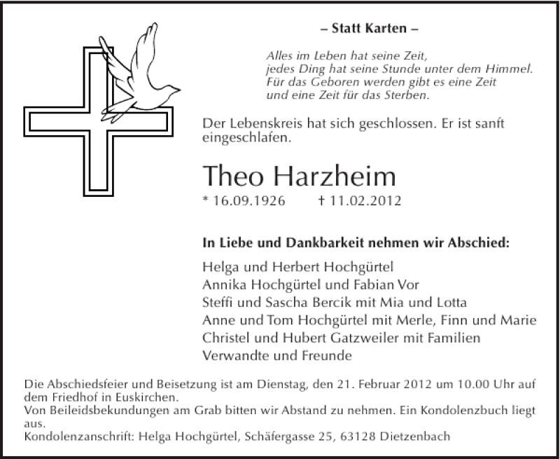  Traueranzeige für Theo Harzheim vom 15.02.2012 aus WochenSpiegel