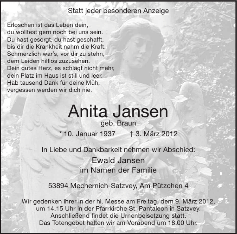  Traueranzeige für Anita Jansen vom 07.03.2012 aus WochenSpiegel
