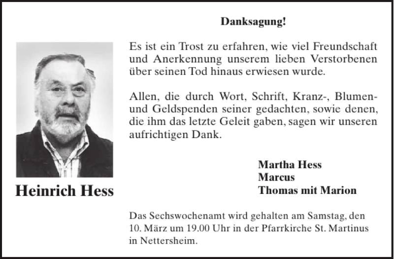  Traueranzeige für Heinrich Hess vom 07.03.2012 aus WochenSpiegel