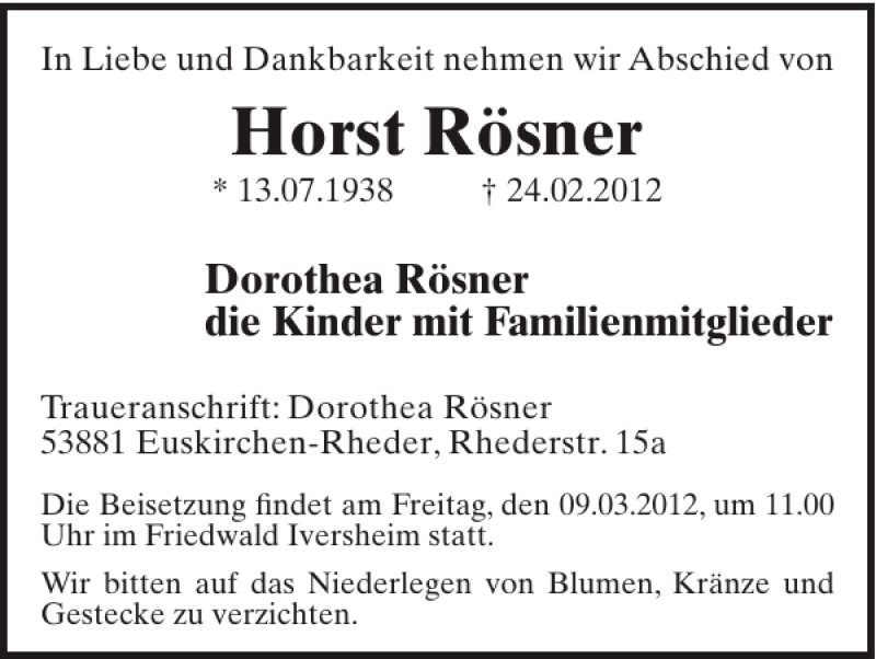  Traueranzeige für Horst Rösner vom 07.03.2012 aus WochenSpiegel