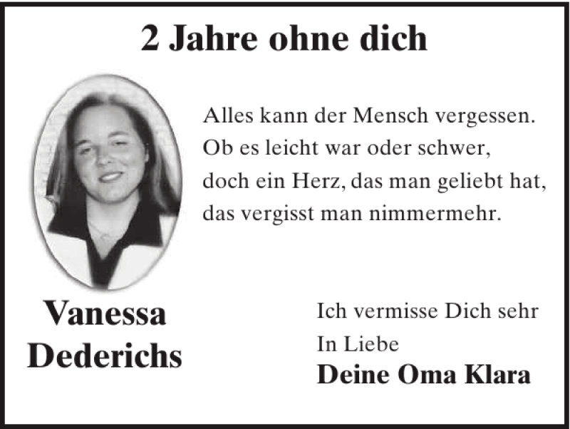  Traueranzeige für Vanessa Dederichs vom 28.03.2012 aus WochenSpiegel