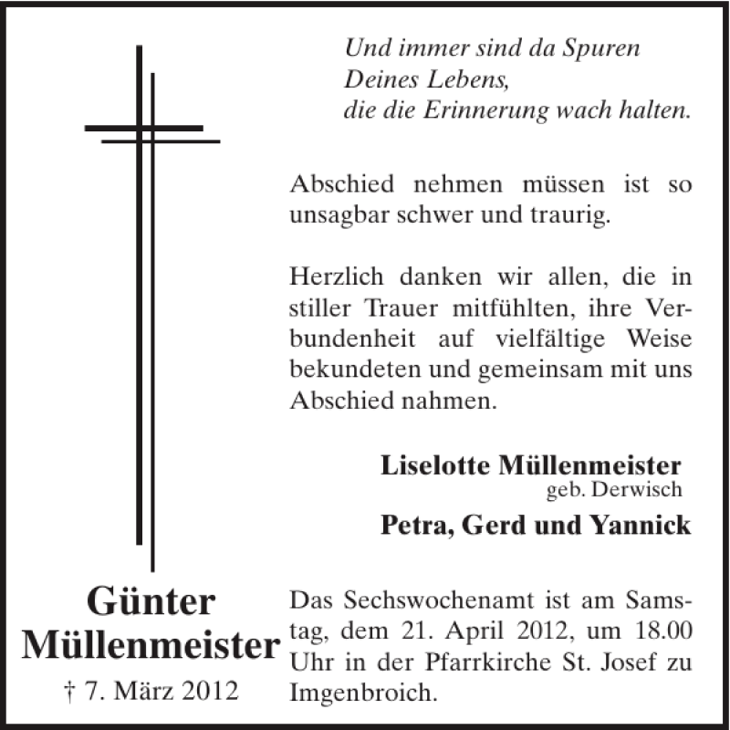  Traueranzeige für Günter Müllenmeister vom 11.04.2012 aus WochenSpiegel