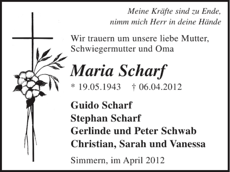  Traueranzeige für Maria Scharf vom 18.04.2012 aus WochenSpiegel